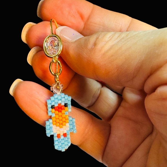 Handmade Bluebird Bird Miyuki Glass Seed Bead Earrings, Brick Stitch Beaded Bird - Picture 4 of 4